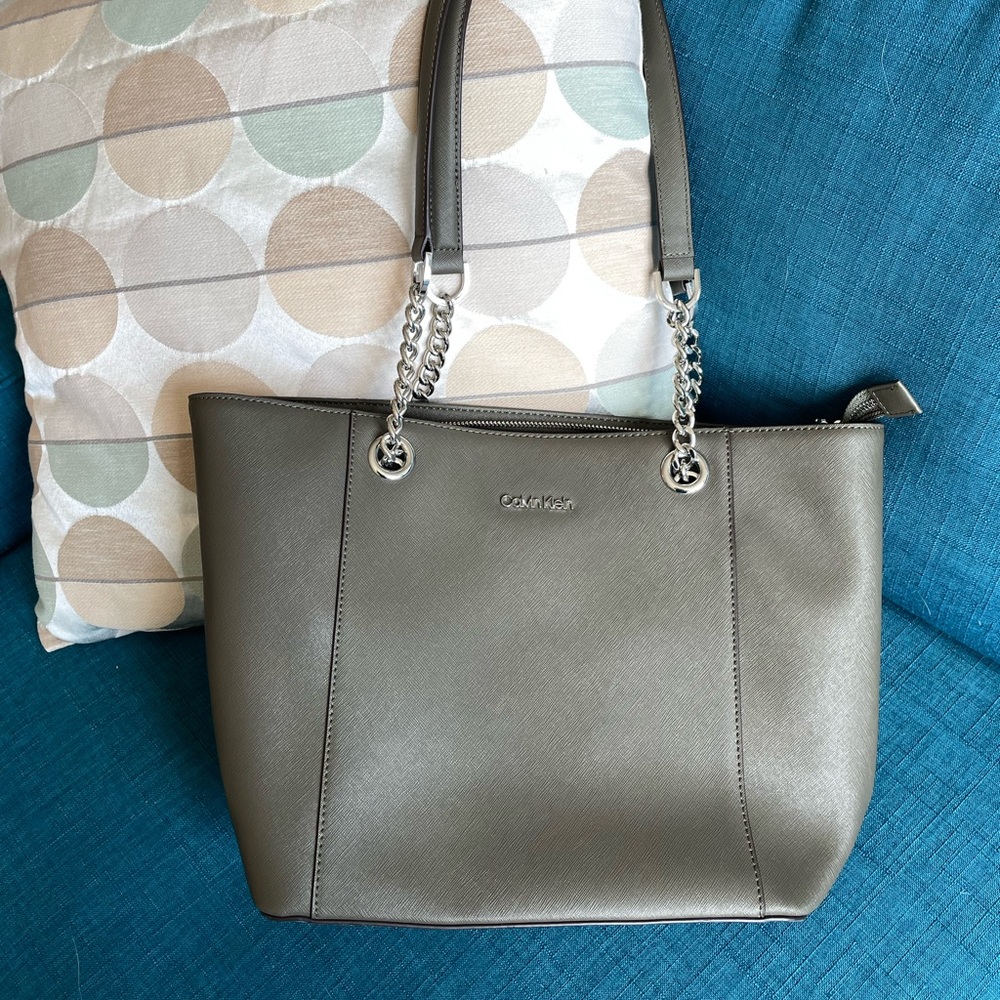 Calvin Klein Olive Leather Top Zip Tote Handbag